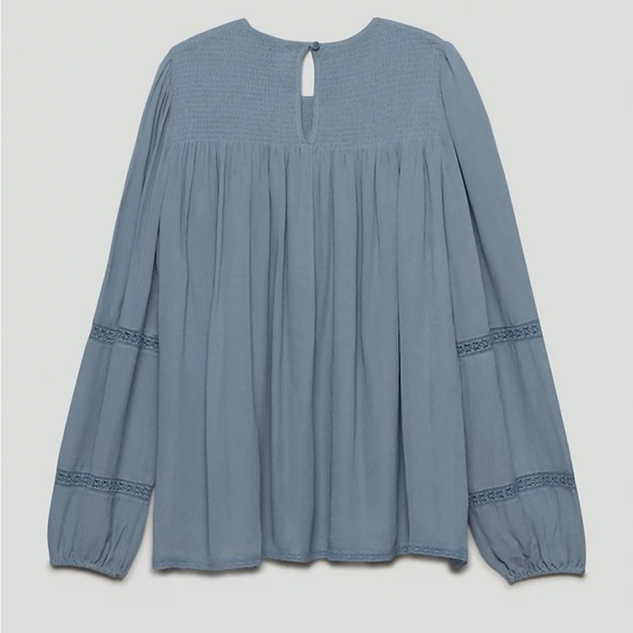 Aritzia Wilfred Ruthie Granite Blue Smocked Lace Long Sleeve Blouse Medium M - Picture 3 of 15